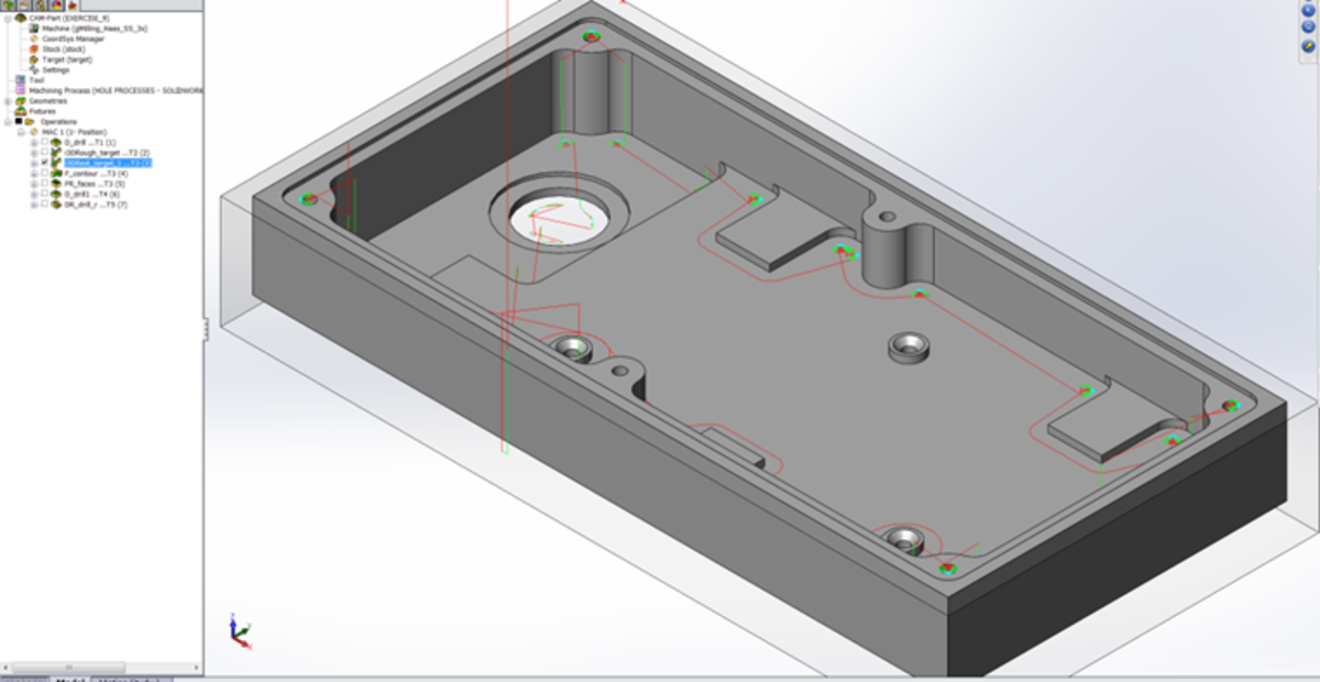 Screen shot of iMachining toolpaths on a CAD model showcasing Rest Machining
